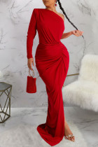 Vestido de noche de cuello oblicuo con pliegues de patchwork sólido sexy rojo Vestidos