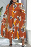 Orange Casual Print Patchwork O-Ausschnitt Langarm Kleider in Übergröße