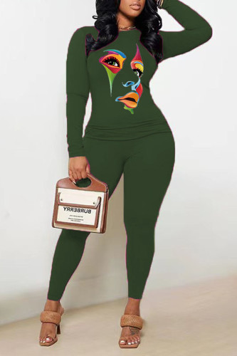 Army Green Casual Print Patchwork O Neck Long Sleeve Two Pieces