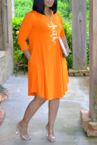 Orange Casual Print Patchwork O-hals raka klänningar
