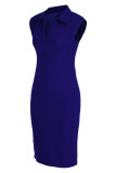Blå Casual Solid Patchwork V-ringad klänningar