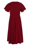 赤のエレガントなソリッドパッチワークVネックプリーツプラスサイズのドレス