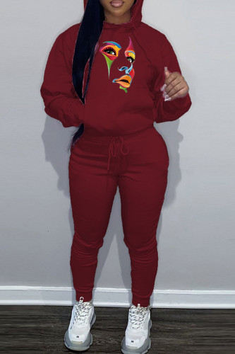 Burgundy Casual Graphics Print Hooded Collar Long Sleeve Sweatshirt And Pants Sportwear Two Piece Jogger Set