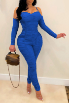 Macacão skinny azul sexy com alça de espaguete com dobra sólida