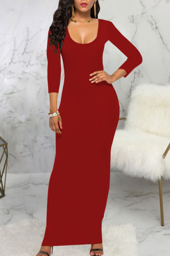 Red Casual Solid Patchwork U Neck One Step Skirt Dresses