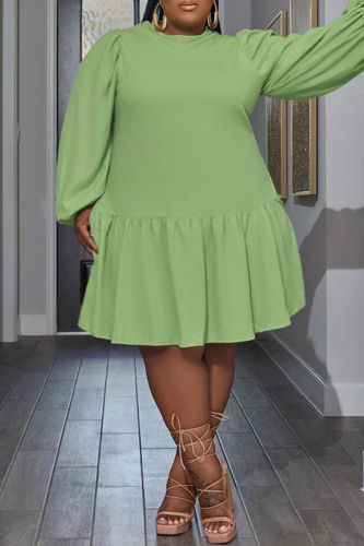 Light Green Casual Solid Bandage Backless O Neck Long Sleeve Plus Size Dresses