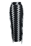 Черные модные узкие брюки-карандаш с кисточками и полным принтом
