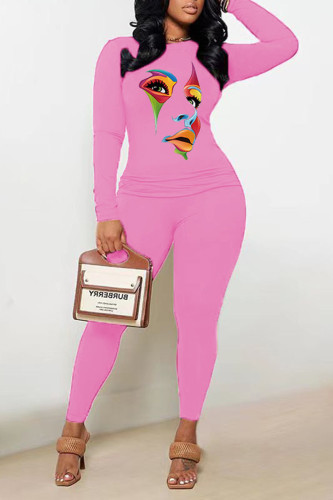 Pink Casual Print Patchwork O Neck Long Sleeve Two Pieces