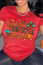 Camisetas con cuello en O de letras de patchwork con estampado vintage casual rojo