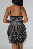 Black Sexy Patchwork Hot Drilling See-through Backless V Neck Sling Dress Dresses