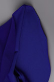 Blaue beiläufige elegante feste Patchwork-Falten-O-Hals-A-Linien-Kleider