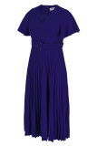 ロイヤルブルーのエレガントなソリッドパッチワークVネックプリーツプラスサイズのドレス