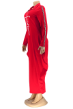 Vestidos retos vermelho casual estampa patchwork com zíper