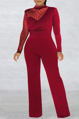 Burgundy Casual Patchwork See-through Turtleneck Regular Jumpsuits