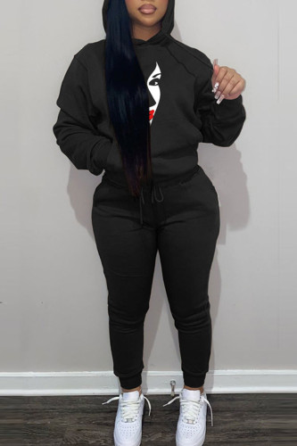 Black Casual Graphics Print Hooded Collar Long Sleeve Sweatshirt And Pants Sportwear Two Piece Jogger Set
