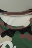 Army Green Casual Print Camouflage Print Patchwork O Neck Kort ärm Två delar