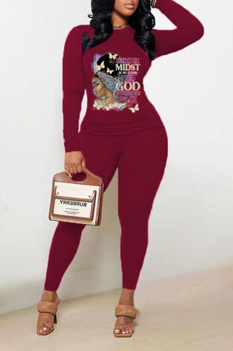 Burgundy Casual Print Patchwork O Neck Long Sleeve Two Pieces