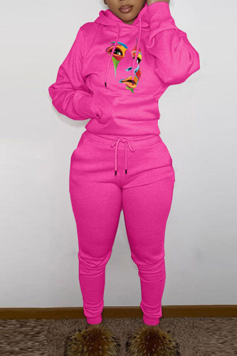 Rose Red Casual Graphics Print Hooded Collar Long Sleeve Sweatshirt And Pants Sportwear Two Piece Jogger Set