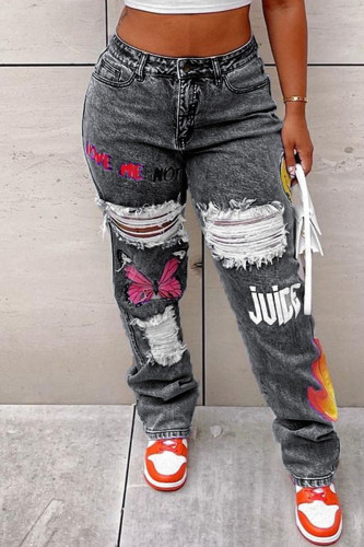 Grey Casual Street Print Ripped Patchwork Straight Denim Jeans