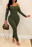 Olive Green Sexy Solid Fold Spaghetti Strap Skinny Jumpsuits