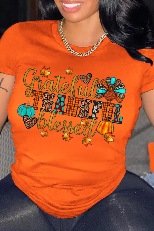 Oranje casual vintage print patchwork T-shirts met letter O-hals