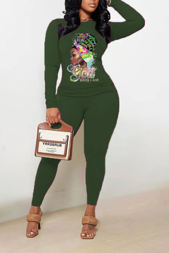 Army Green Casual Print Patchwork O Neck Long Sleeve Two Pieces