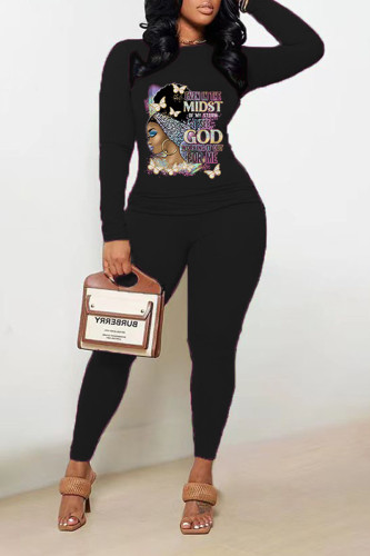 Black Casual Print Patchwork O Neck Long Sleeve Two Pieces