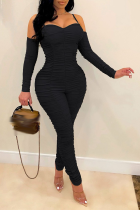 Zwarte sexy effen gevouwen skinny jumpsuits met spaghettibandjes