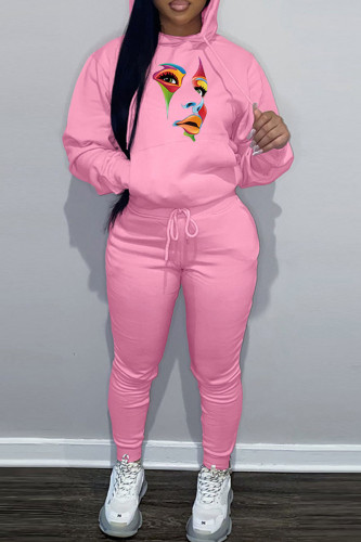 Pink Casual Graphics Print Hooded Collar Long Sleeve Sweatshirt And Pants Sportwear Two Piece Jogger Set