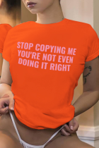 Camisetas con cuello en O de letras de patchwork con estampado dulce casual naranja
