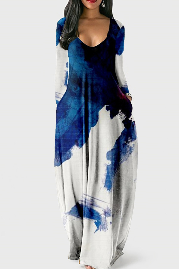 Сине-белые повседневные платья с принтом и V-образным вырезом с длинным рукавом