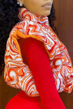 Vêtement d'extérieur imprimé décontracté patchwork fermeture éclair col zippé orange