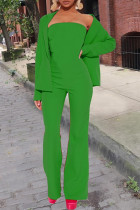 Зеленый повседневный однотонный лоскутный кардиган без бретелек с длинным рукавом из двух частей