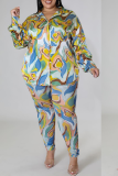 Colour Street Print Patchwork Turndown Collar Long Sleeve Two Pieces