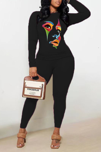 Black Casual Print Patchwork O Neck Long Sleeve Two Pieces