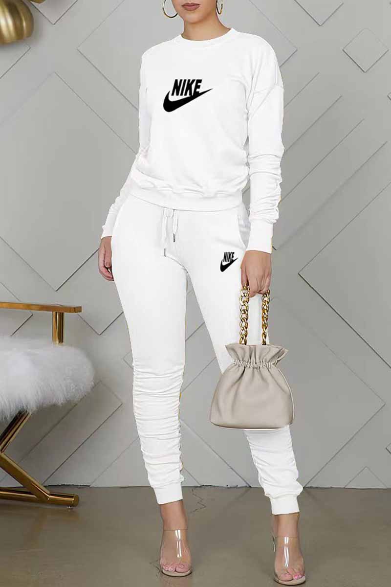 

White Casual Print Letter O Neck Long Sleeve Two Pieces