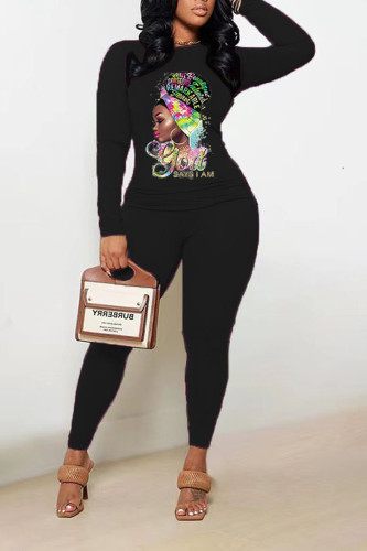 Black Casual Print Patchwork O Neck Long Sleeve Two Pieces