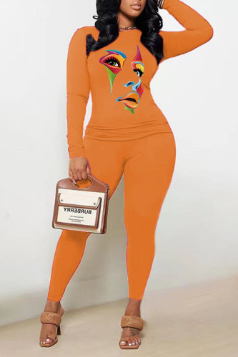 Orange Casual Print Patchwork O Neck Long Sleeve Two Pieces