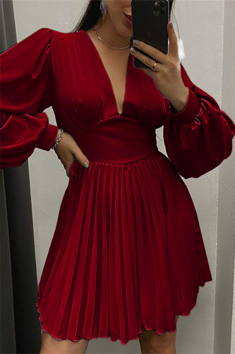 Burgundy Casual Solid Patchwork Fold V Neck Pleated Dresses