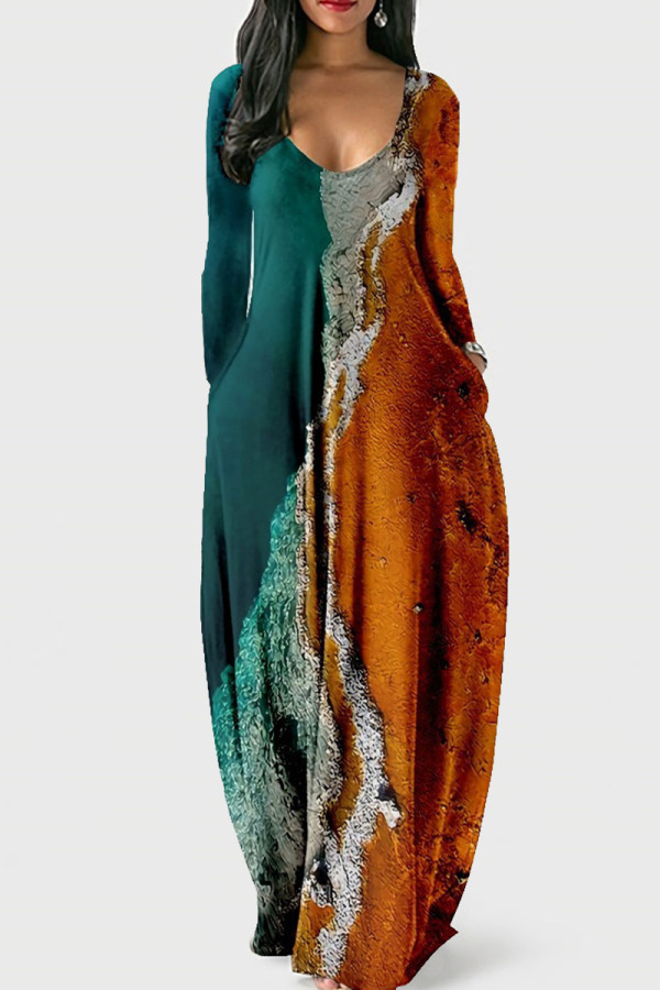 Разноцветные повседневные платья с принтом и V-образным вырезом с длинным рукавом