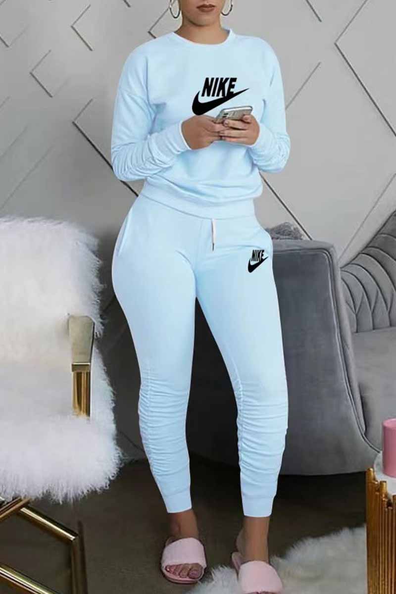 

Light Blue Casual Print Letter O Neck Long Sleeve Two Pieces