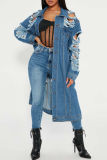 Cardigan patchwork strappato solido casual blu scuro con colletto rovesciato e giacca di jeans regolare a maniche lunghe
