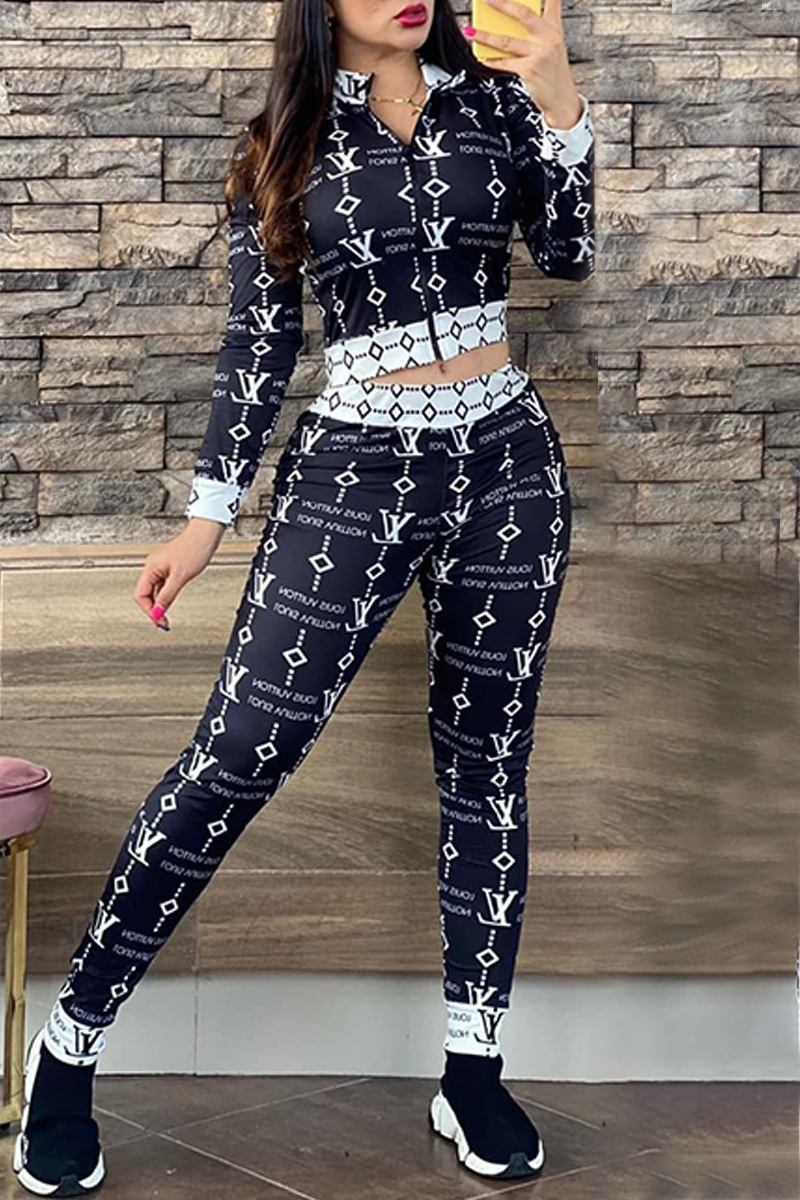 

Black And White Elegant Print Letter Zipper Collar Long Sleeve Two Pieces
