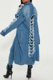 Cardigan patchwork strappato solido casual blu scuro con colletto rovesciato e giacca di jeans regolare a maniche lunghe