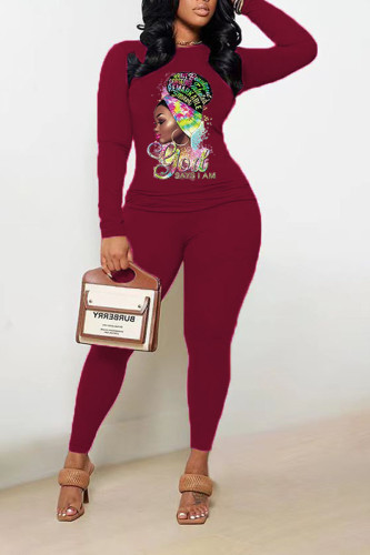 Burgundy Casual Print Patchwork O Neck Long Sleeve Two Pieces