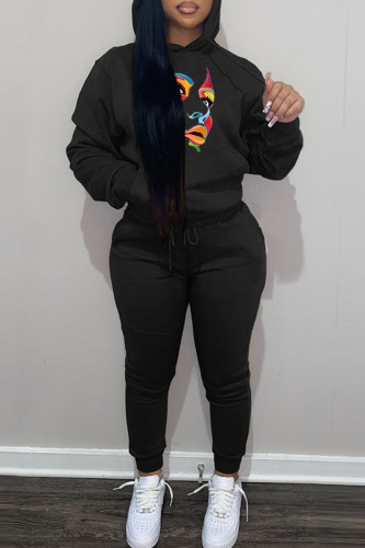 Black Casual Graphics Print Hooded Collar Long Sleeve Sweatshirt And Pants Sportwear Two Piece Jogger Set