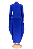 ブルー カジュアル プリント パッチワーク ジッパー カラー ストレート ドレス