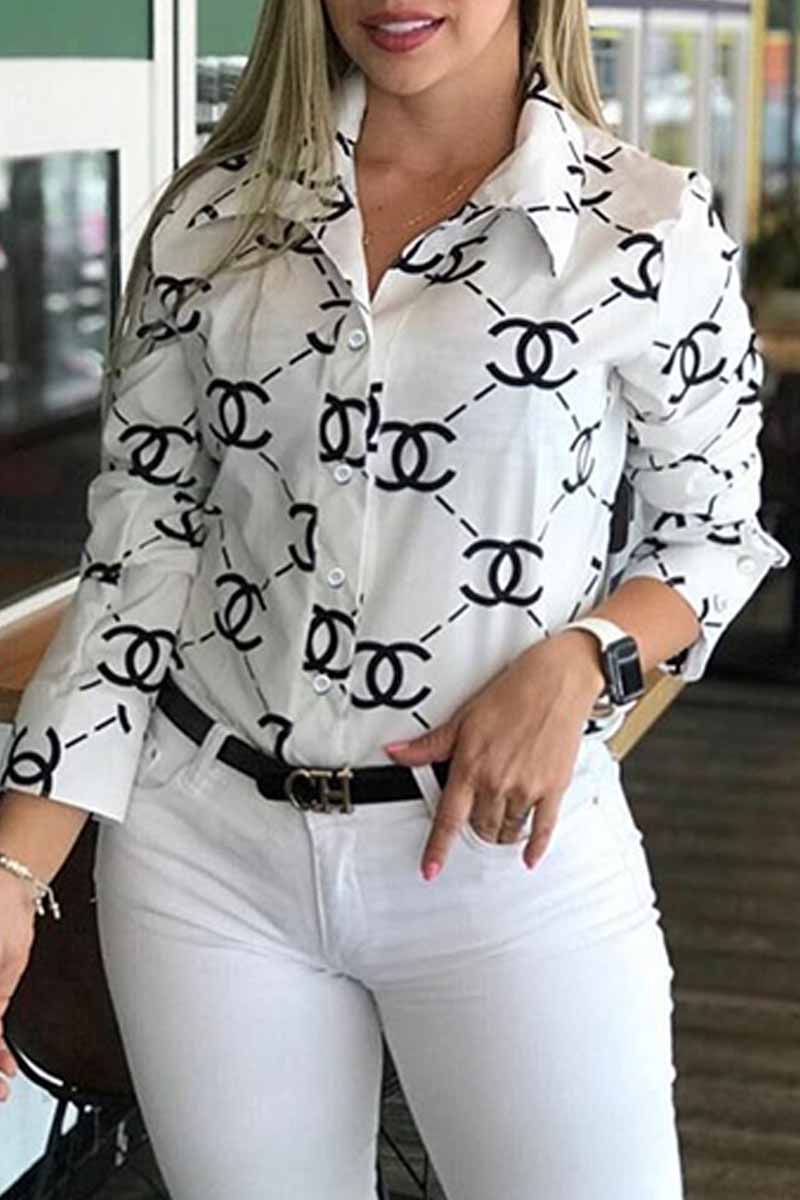 

White Casual Print Letter Turndown Collar Tops