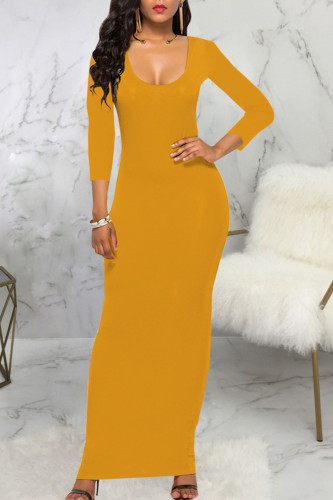 Yellow Casual Solid Patchwork U Neck One Step Skirt Dresses