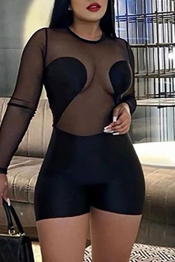 Black Sexy Solid Patchwork See-through O Neck Skinny Rompers